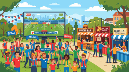 Soccer Fans Cheer at Outdoor Viewing Party with Food Stalls and Stadium Screen © Rizky