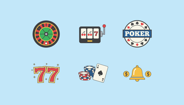 Selection of casino and gambling icons including slot machine, poker chip, lucky number seventy-seven, and a roulette wheel.