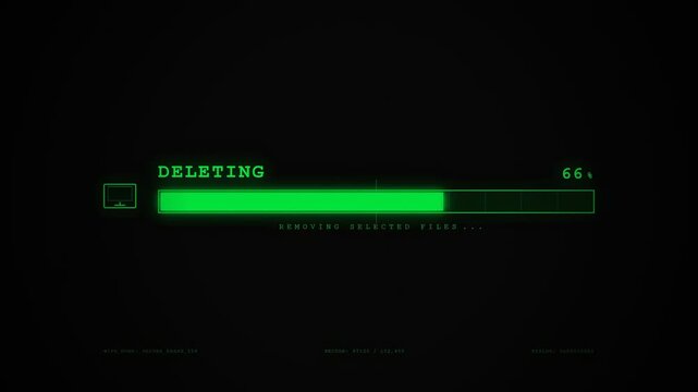 Retro Computer Interface with Green Deleting Progress Bar and HUD Graphics for Data Removal and System Security Cleanup