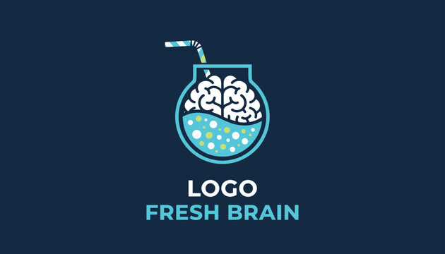 Creative brand logo for fresh brain featuring a stylized human brain inside a drinking glass filled with bubbly liquid and a striped straw.