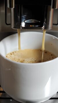 Close up view of a modern coffee maker pouring hot, freshly brewed espresso with foam into a classic white ceramic mug, highlighting the daily routine of preparing a morning beverage at home