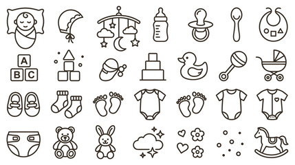 Baby accessories outline icons set isolated on white background.