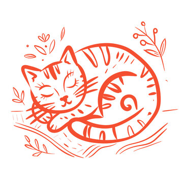 Cute Sleeping Cat Line Art Graphic with Botanical Elements