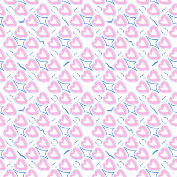 Seamless Pink Heart Pattern with Soft Blue Geometric Accents on White Background