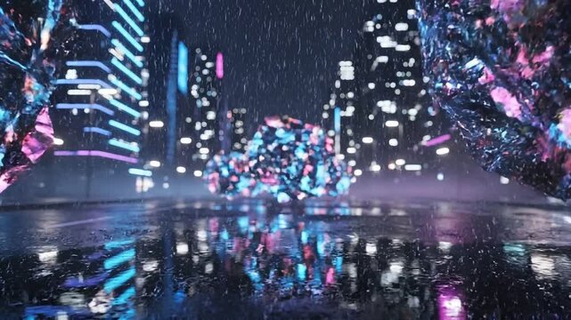 Cyberpunk City Street at Night with Floating Neon Crystals in Rain