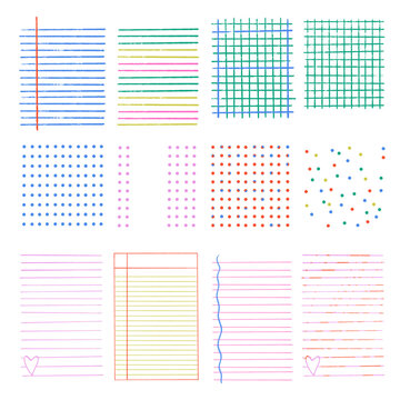 Hand Drawn Colorful Lined Grid and Dot Notebook Paper Background Patterns