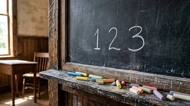 A vintage classroom chalkboard with the numbers 1 2 3 written in white chalk and colorful chalk pieces on the ledge