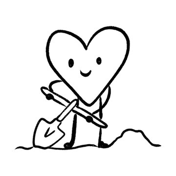 Cute Heart Character Holding a Shovel Line Art Doodle