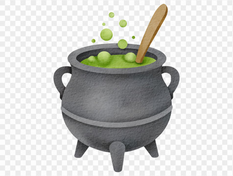 Watercolor bubbling magic cauldron Halloween illustration Vector.