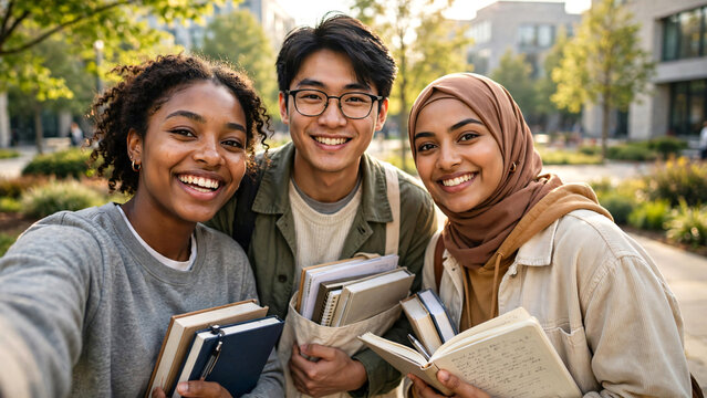 Three diverse university students bright casual smiling naturally while taking a selfie together outdoors, holding books, notebooks and study materials, standing on a vibrant modern campus surrounded 
