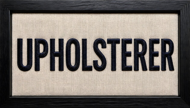 Embroidered Upholsterer Text Sign Frame on Natural Fabric Texture