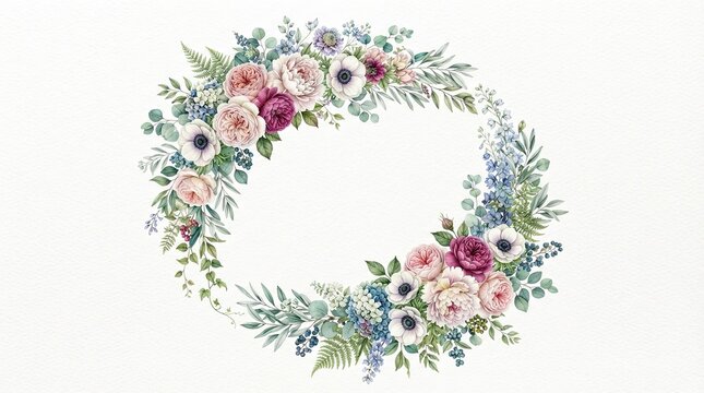 An ornate floral wreath is depicted against a white background. The wreath is composed of a variety of flowers including roses, anemones, hydrangeas, 