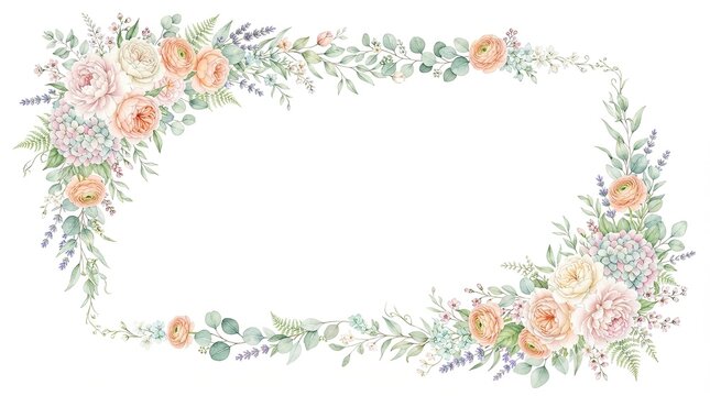 An elegant watercolor floral border frames a blank space. The border features a lush arrangement of peach, coral, and white roses, peonies, 