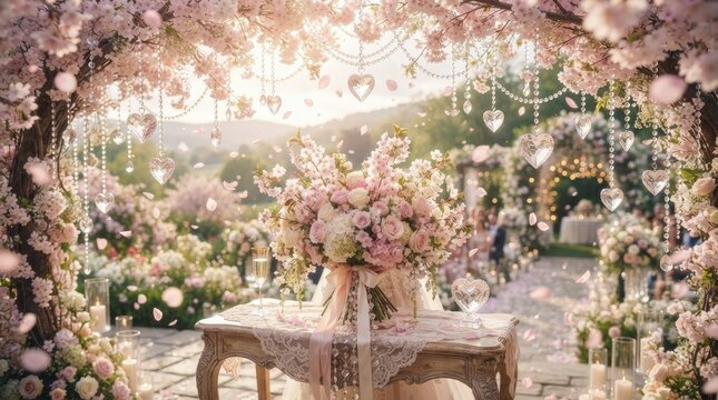 A stunning wedding setup is arranged under a beautiful floral archway adorned with hearts and delicate string lights. The arch is covered in pink 