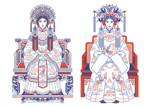 Traditional Chinese Empresses: Two regal empresses, adorned in ornate traditional attire and elaborate headdresses, are depicted seated on ornate thrones.