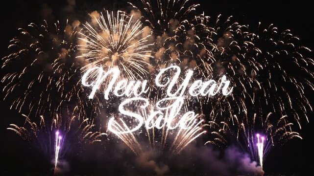New Year Sale text over colorful fireworks in night sky
