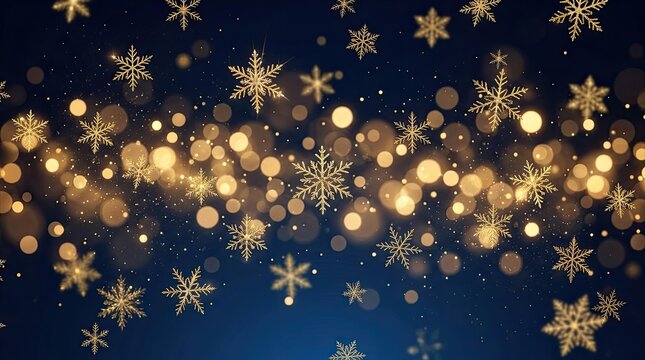Golden snowflakes drift across a dark blue background filled with shimmering lights. The image evokes a festive and magical winter atmosphere.