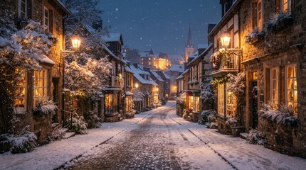 Fototapeta premium Snow falls softly on a charming, snow-covered cobblestone street in a medieval European town. Warm, inviting lights glow from the windows of stone 