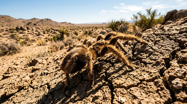 Giant Hairy Tarantula Spider Exploring Arid Desert Terrain Under Bright Sunlight