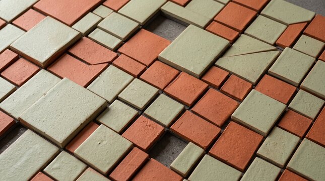 Abstract background with many small square blocks in shades of green orange and grey colors