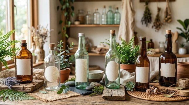 Several amber glass bottles with cork stoppers are arranged on a rustic wooden table. Each bottle has a blank white label. The bottles are surrounded 