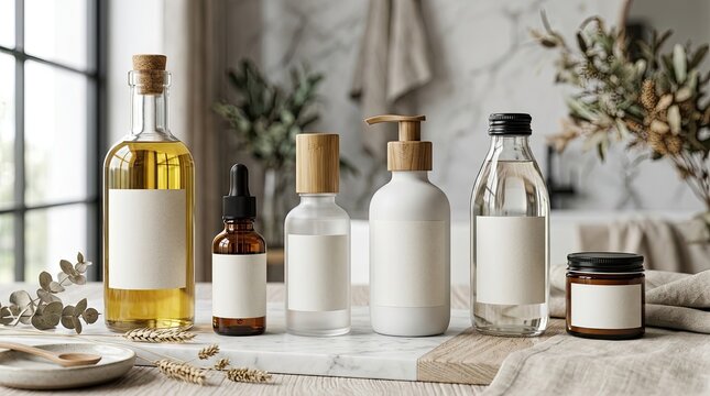 A still life arrangement of several skincare bottles and jars sits on a marble countertop. The bottles are various shapes and sizes, with blank labels, 