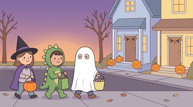 Cute Children in Halloween Costumes Trick or Treating in Suburban Neighborhood at Dusk