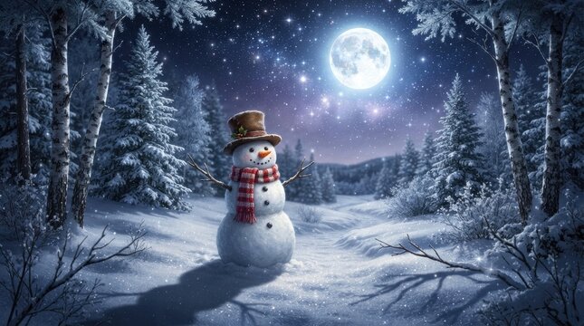 A cheerful snowman stands in a snowy winter landscape under a bright full moon. The snowman wears a brown hat, a red scarf, and a black smile. 