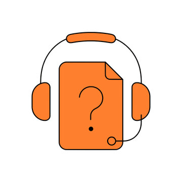 Orange customer support icon, help desk document with headset, technical assistance vector sign