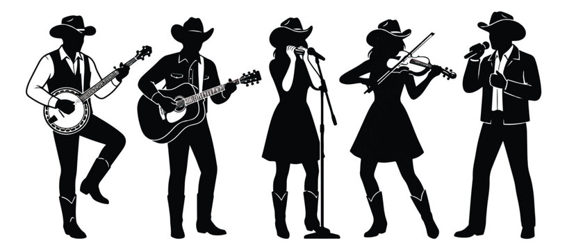 Country music band silhouettes, western musicians with banjo and guitar, folk music group performing with violin and singers, vector set of 5 performers