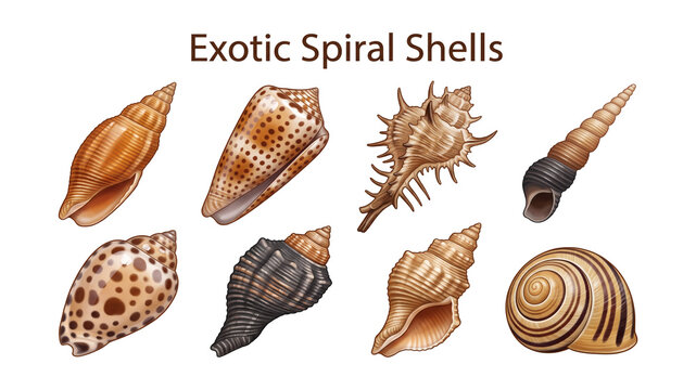 Exotic spiral shells set featuring mitre cone murex and auger shells, realistic tropical specimen display isolated on transparent