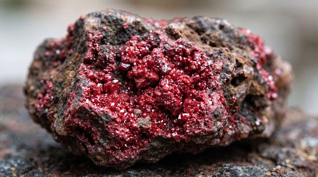 Raw cinnabar mineral stone with vibrant red crystals on a dark natural rocky surface texture