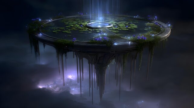 of a floating island covered in bioluminescent plants under a cosmic starfield with vibrant color transitions