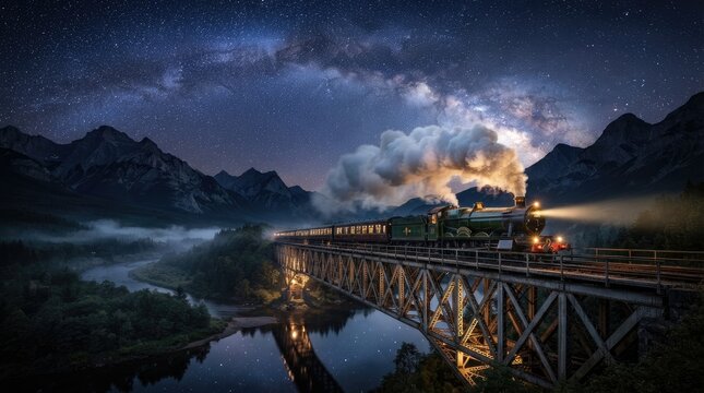 A vintage steam train travels across a long, ornate iron bridge at night. The train emits a plume of white smoke into a dark sky filled with the Milky Way. 