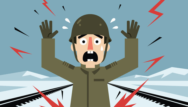 Terrified military soldier in uniform and helmet screaming in fear with raised hands during dramatic battlefield conflict.