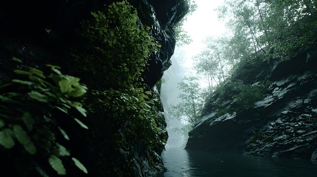 with floating rocks and waterfalls cascading into a glowing misty abyss