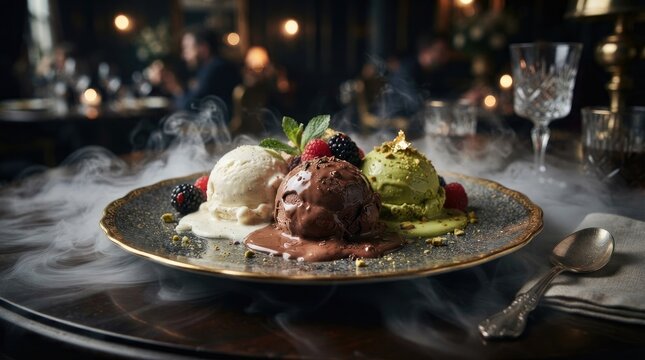 A decadent dessert plate showcases three scoops of ice cream. A dark chocolate scoop sits alongside a creamy vanilla scoop and a vibrant green matcha 
