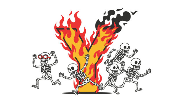 Group of funny cartoon skeletons running away in panic from a giant burning letter Y engulfed in orange flames.