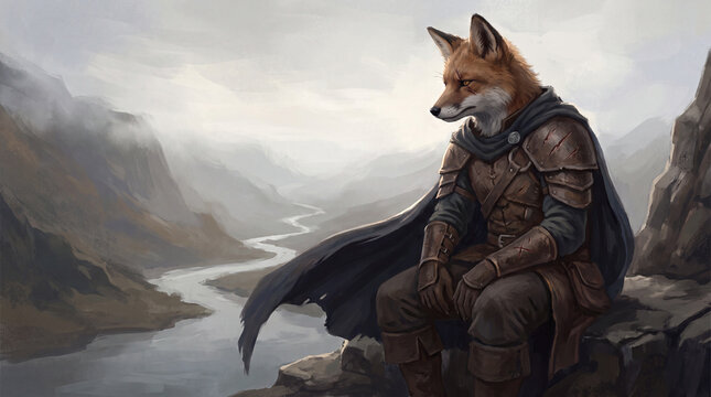 Anthropomorphic fox warrior wearing leather armor and a dark cloak sitting on a rocky cliff overlooking a winding river in a misty mountain landscape