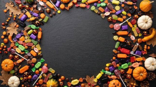 Colorful Halloween Trick or Treat Candy Frame with Pumpkins with Copy Space