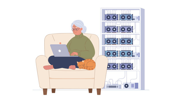 Senior woman using laptop in comfortable armchair next to sleeping cat and large cryptocurrency GPU mining rig.