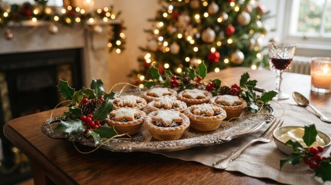 A warmly lit dining table displays a silver platter laden with several Christmas mince pies. The pies are decorated with icing and holly berries.