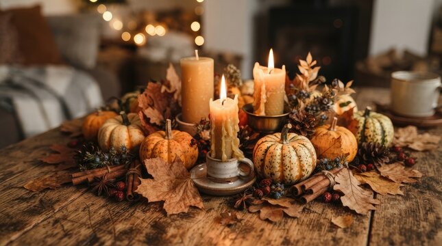 Rustic Autumn Centerpiece with Melting Candles and Miniature Gourds