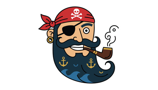Stylized portrait of a bearded cartoon pirate with bandana, eye patch, and anchors in his beard smoking a pipe.