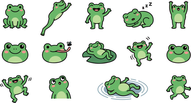 Set of cute green frog characters in various poses and expressions
