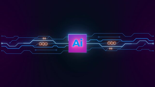 Abstract digital background with glowing neon ai logo symbol showing data processing streams within modern circuitry flow.