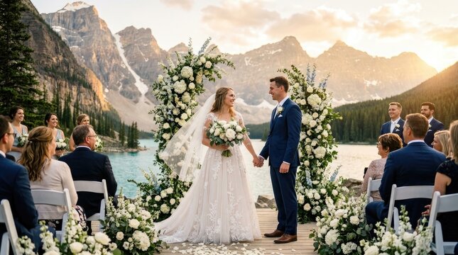A beautiful couple exchanges vows during a wedding ceremony set against a stunning mountain backdrop. The bride, wearing a flowing white gown, holds her 