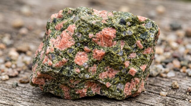Raw eclogite rock specimen with green garnet and orange minerals on a dark wooden surface