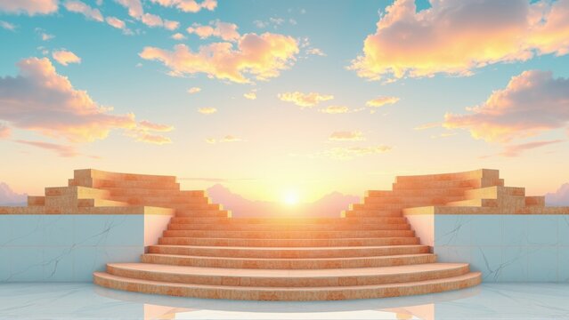 Empty stage, steps leading toward bright sun. Dramatic sky, orange clouds. Minimalist design, peaceful scene, serene atmosphere.