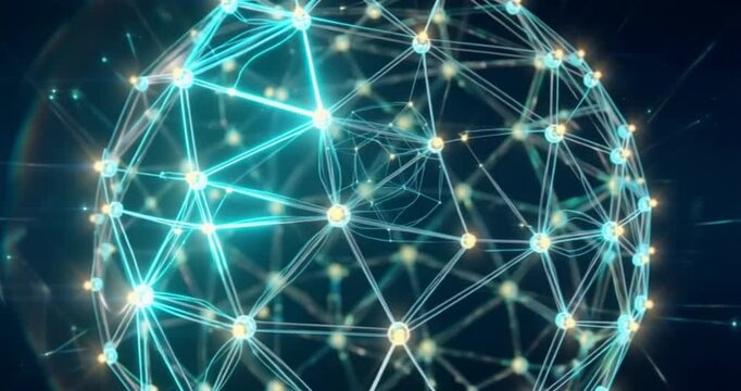 Glowing digital neural network sphere rotates slowly in this seamless motion footage showing complex interconnected data points pulsating with vibrant blue light and warm golden nodes.